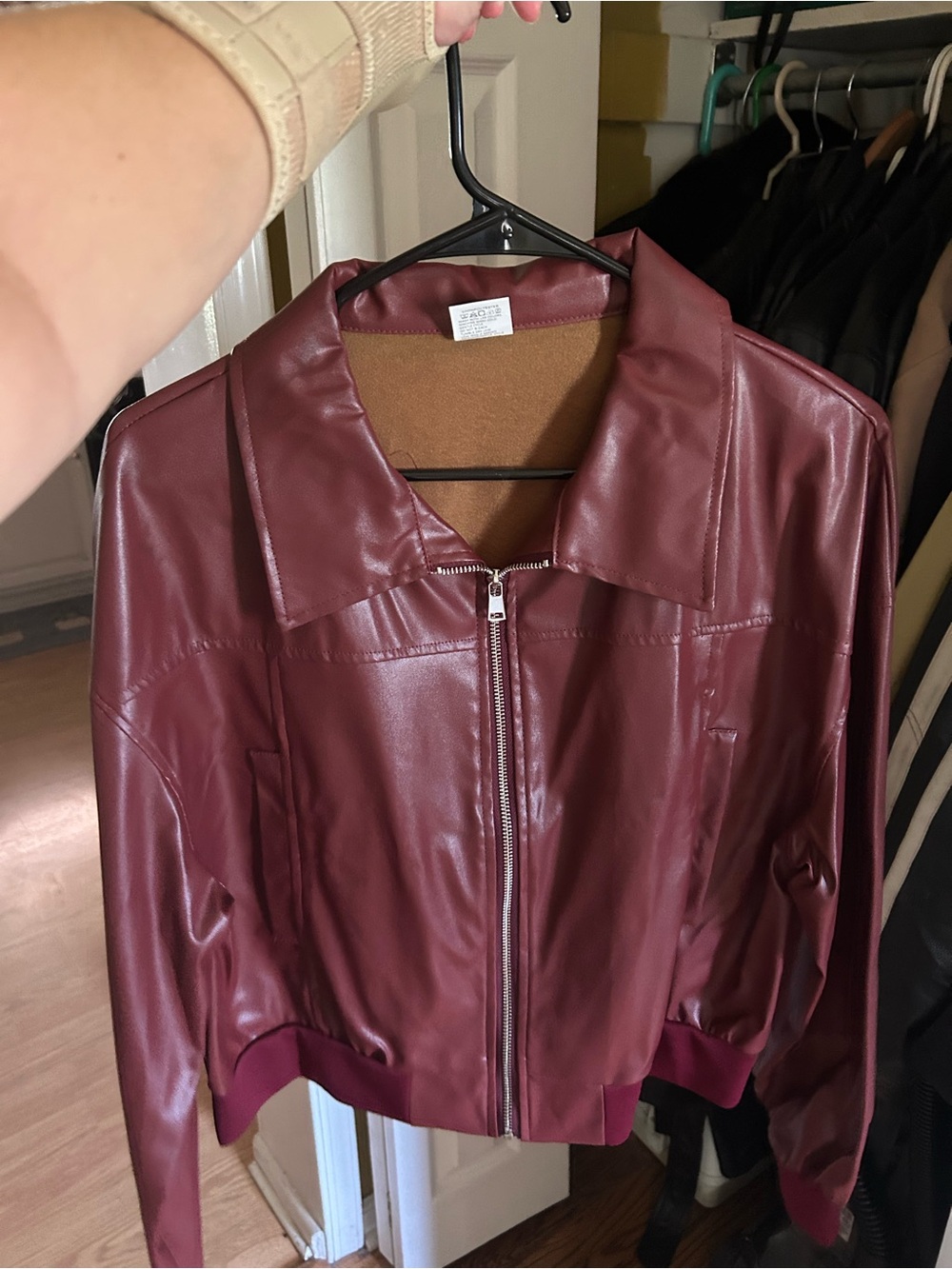 Amazon Women's Maroon Faux Leather Bomber Jacket